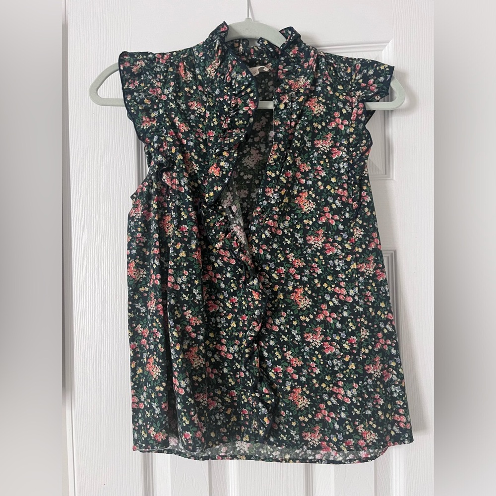 Sezane Floral Ruffle Blouse -  Navy/multi-color floral print.